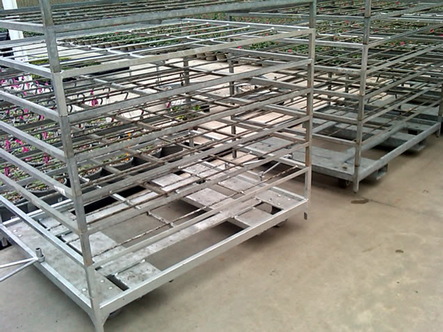 Racks, assembled into carts in staging area, waiting to be loaded